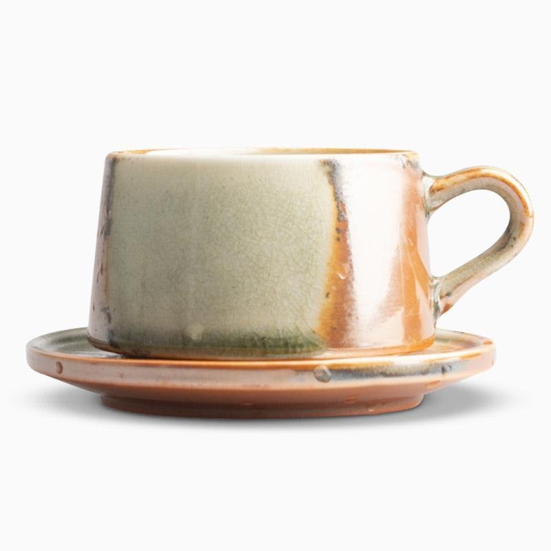 Rustic Stoneware Coffee Mug | 3"x2" Cup + 5" Dish | Brown & White Ceramic | Swivel Handle | Brick by Brick