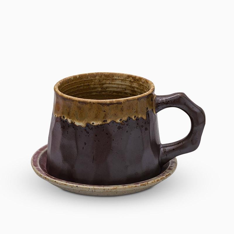 Stoneware Coffee Mug Set | 4"x3" Cup, 5" Saucer | Ceramic Cup | Free-Form Design with Ribbed Edges | Brick by Brick