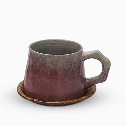 Stoneware Coffee Mug Set | 4"x3" Cup, 5" Saucer | Ceramic Cup | Free-Form Design with Ribbed Edges | Brick by Brick