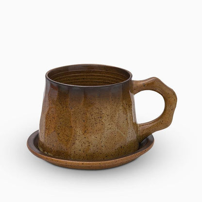 Stoneware Coffee Mug Set | 4"x3" Cup, 5" Saucer | Ceramic Cup | Free-Form Design with Ribbed Edges | Brick by Brick