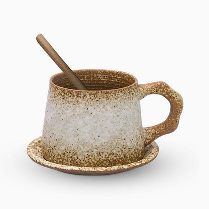 Stoneware Coffee Mug Set | 4"x3" Cup, 5" Saucer | Ceramic Cup | Free-Form Design with Ribbed Edges | Brick by Brick