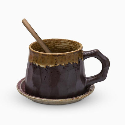 Stoneware Coffee Mug Set | 4"x3" Cup, 5" Saucer | Ceramic Cup | Free-Form Design with Ribbed Edges | Brick by Brick