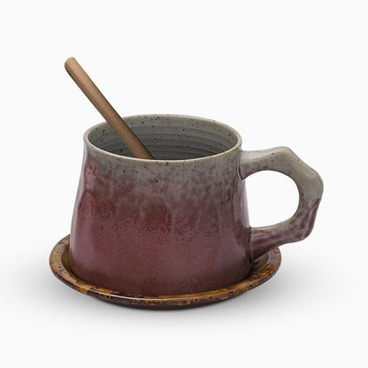 Stoneware Coffee Mug Set | 4"x3" Cup, 5" Saucer | Ceramic Cup | Free-Form Design with Ribbed Edges | Brick by Brick