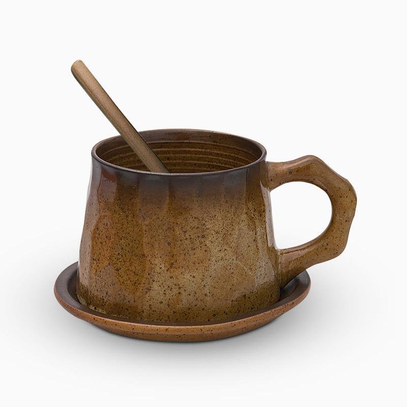 Stoneware Coffee Mug Set | 4"x3" Cup, 5" Saucer | Ceramic Cup | Free-Form Design with Ribbed Edges | Brick by Brick