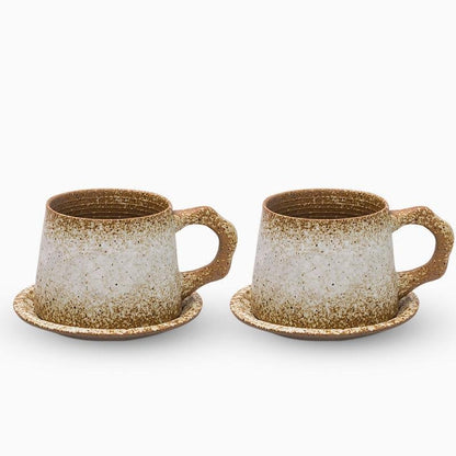 Stoneware Coffee Mug Set | 4"x3" Cup, 5" Saucer | Ceramic Cup | Free-Form Design with Ribbed Edges | Brick by Brick