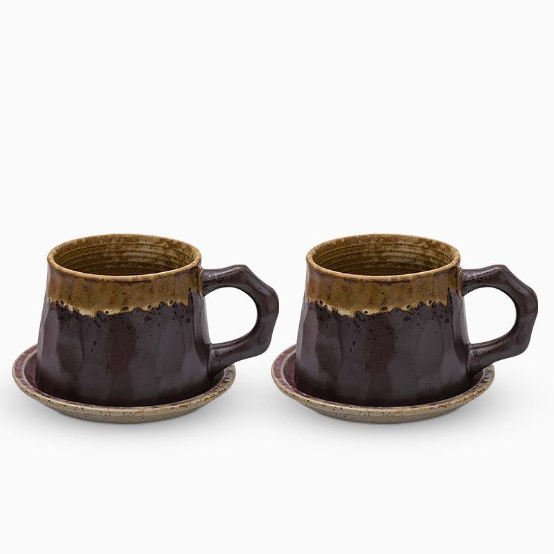 Stoneware Coffee Mug Set | 4"x3" Cup, 5" Saucer | Ceramic Cup | Free-Form Design with Ribbed Edges | Brick by Brick