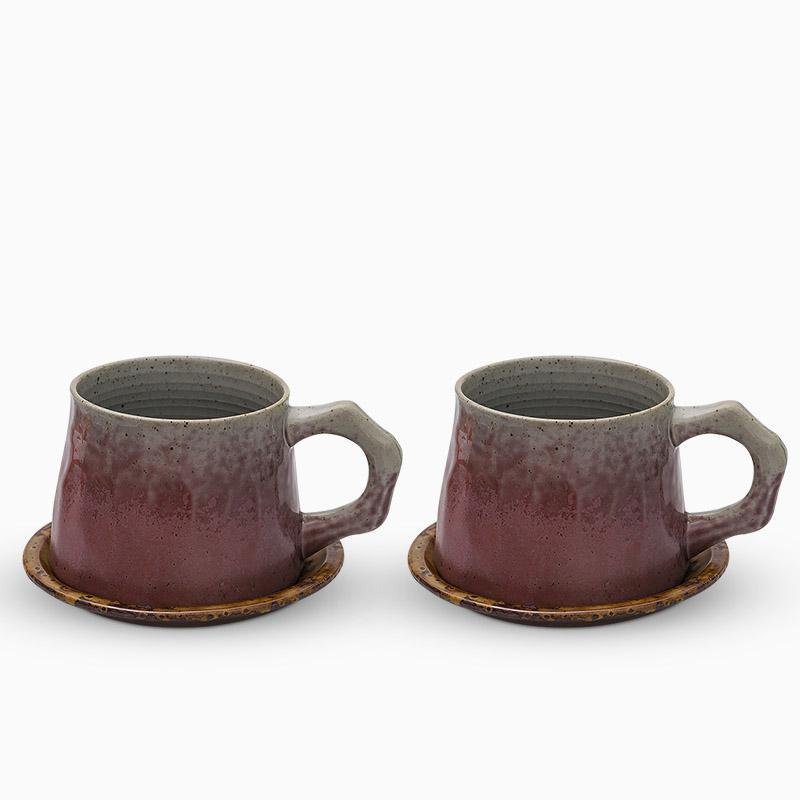 Stoneware Coffee Mug Set | 4"x3" Cup, 5" Saucer | Ceramic Cup | Free-Form Design with Ribbed Edges | Brick by Brick