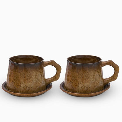 Stoneware Coffee Mug Set | 4"x3" Cup, 5" Saucer | Ceramic Cup | Free-Form Design with Ribbed Edges | Brick by Brick