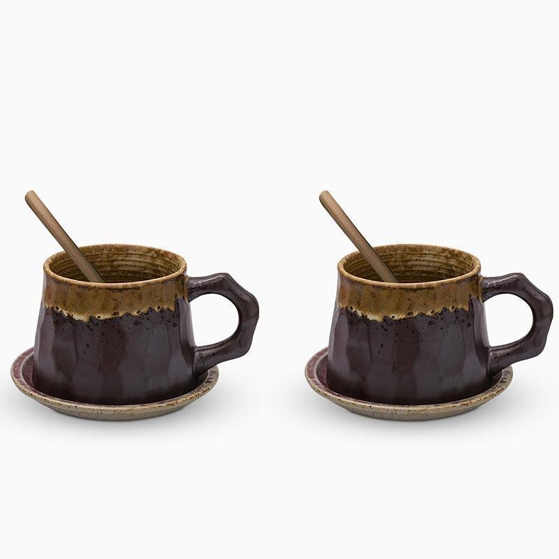 Stoneware Coffee Mug Set | 4"x3" Cup, 5" Saucer | Ceramic Cup | Free-Form Design with Ribbed Edges | Brick by Brick