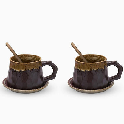 Stoneware Coffee Mug Set | 4"x3" Cup, 5" Saucer | Ceramic Cup | Free-Form Design with Ribbed Edges | Brick by Brick