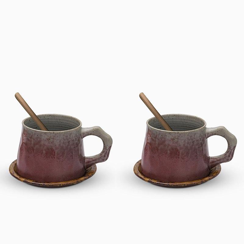 Stoneware Coffee Mug Set | 4"x3" Cup, 5" Saucer | Ceramic Cup | Free-Form Design with Ribbed Edges | Brick by Brick