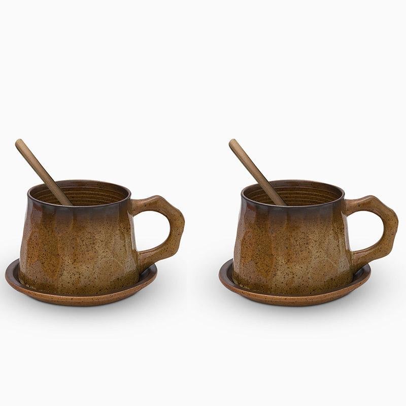 Stoneware Coffee Mug Set | 4"x3" Cup, 5" Saucer | Ceramic Cup | Free-Form Design with Ribbed Edges | Brick by Brick