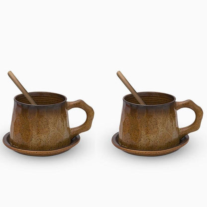 Stoneware Coffee Mug Set | 4"x3" Cup, 5" Saucer | Ceramic Cup | Free-Form Design with Ribbed Edges | Brick by Brick
