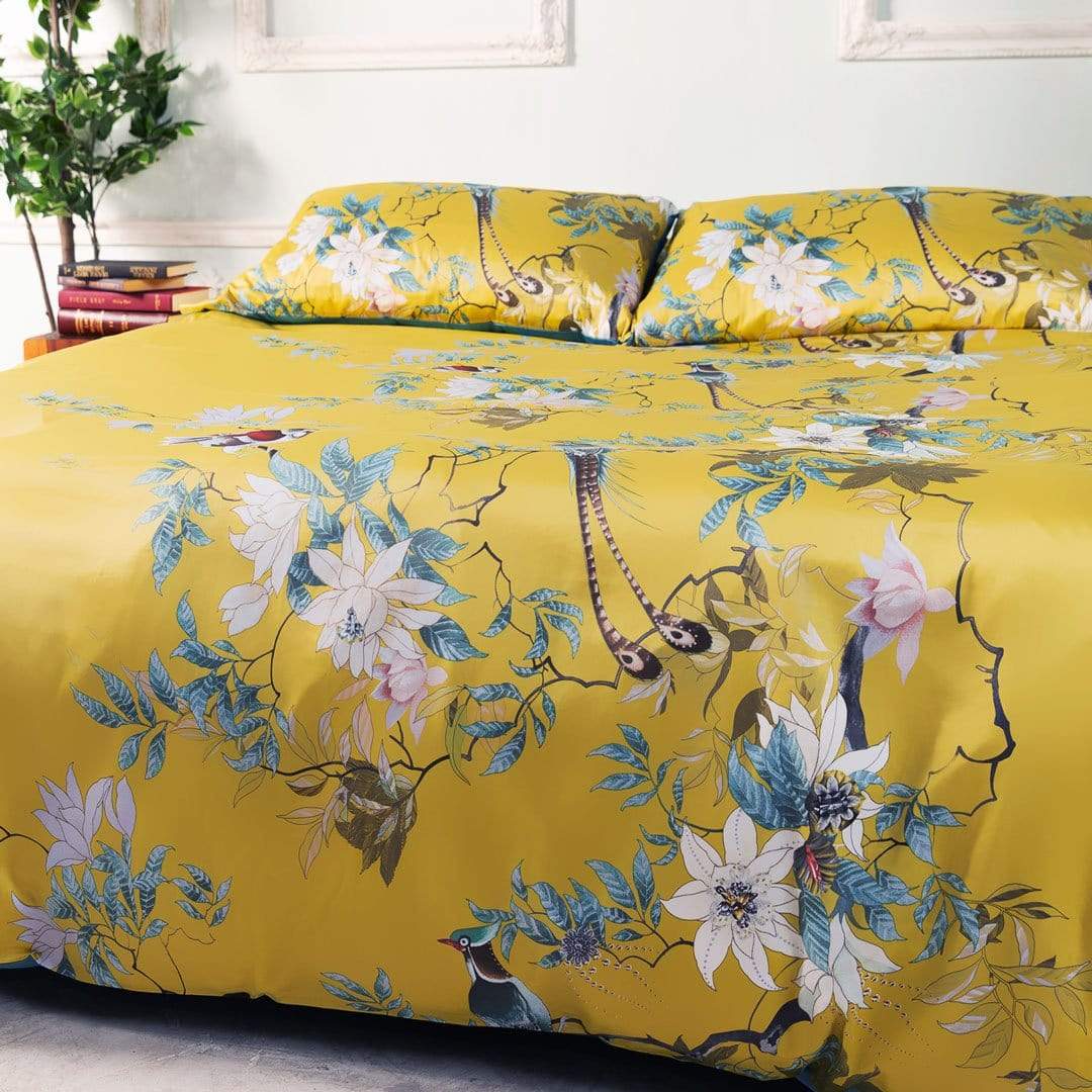 Egyptian Cotton Pillow Set | 20 x 30 or 36 in | Yellow Floral Botanical Print | Soft Breathable Pillow Covers | Brick by Brick
