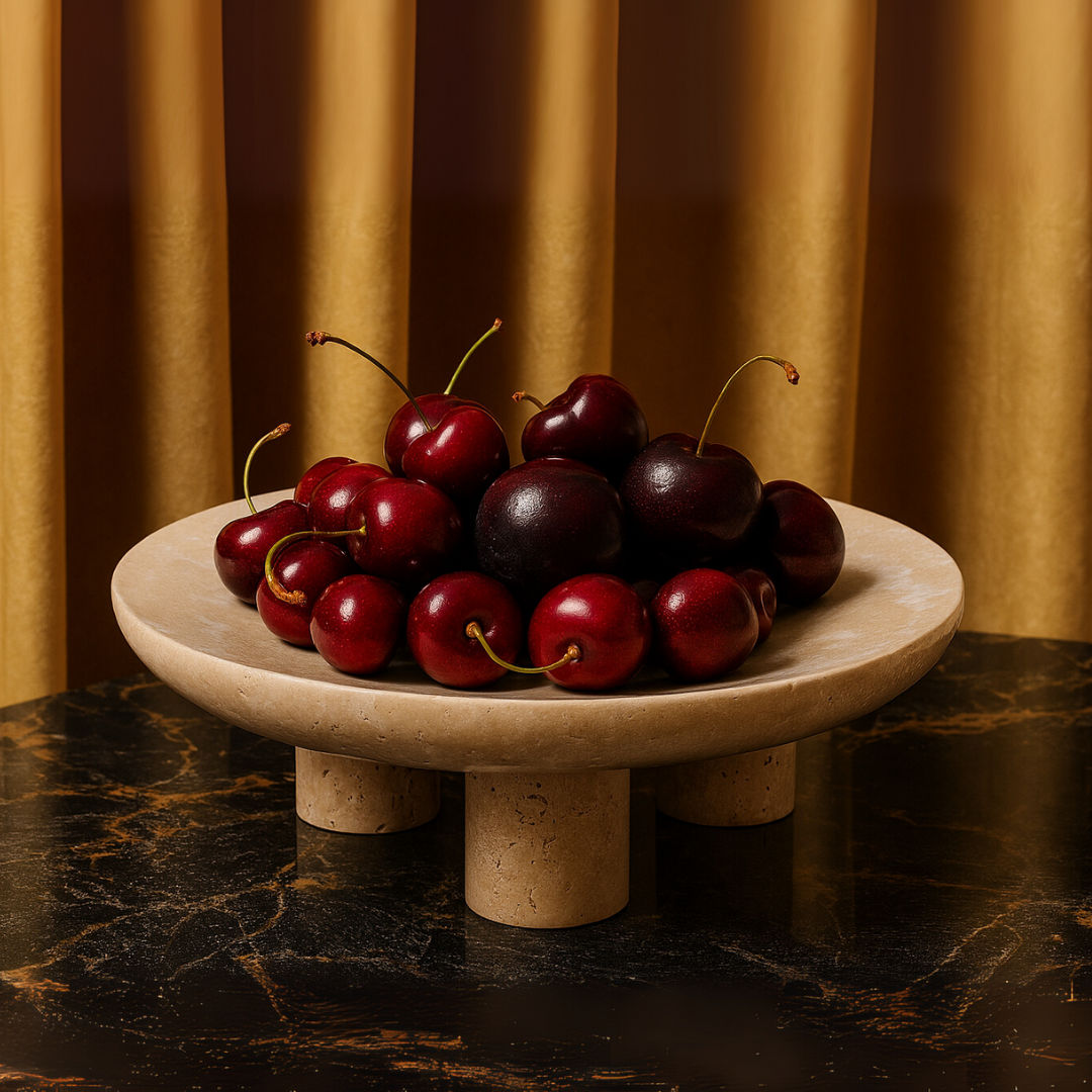 Travertine Fruit Pedestal Tray | 9 x 2.75 in | Solid Stone Display Bowl | Decorative Centerpiece | Brick by Brick