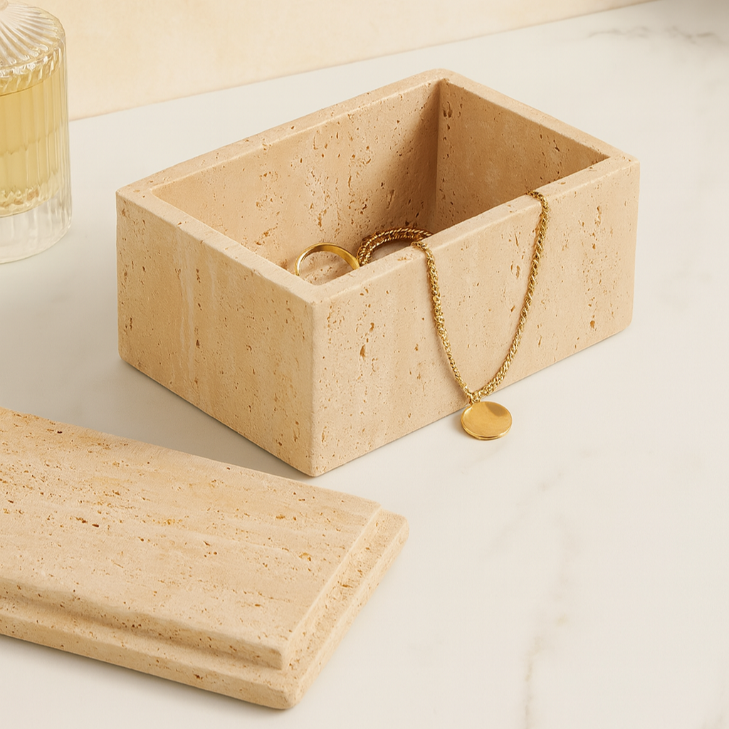 Travertine Jewelry Box | Natural Stone | Geometric Storage | Elegant Vanity Organizer | Brick by Brick