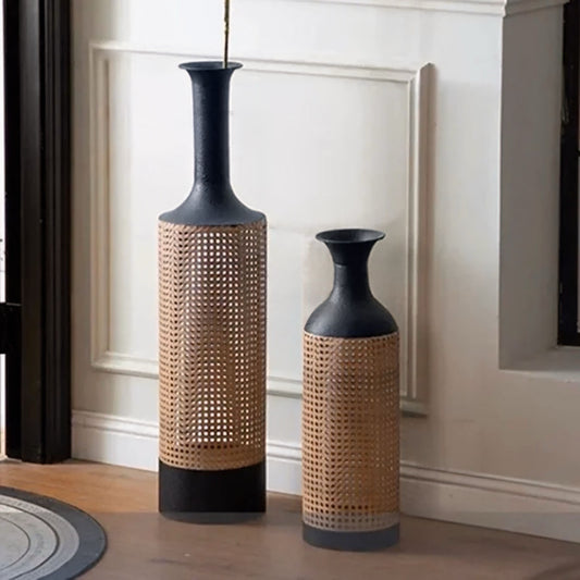 Vase Set – Matte Black Ceramic and Woven Rattan – Height 15 inches – Elegant Design for Modern and Bohemian Décor 0