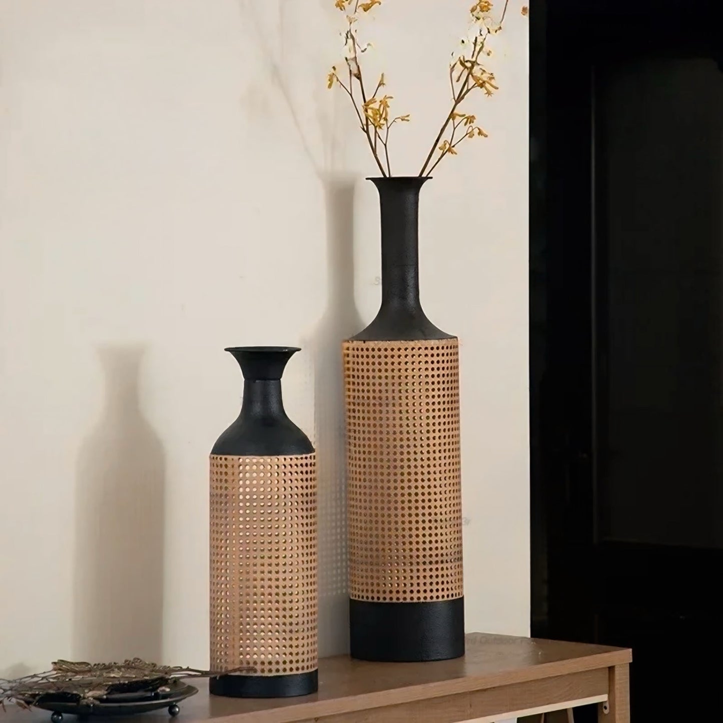 Vase Set – Matte Black Ceramic and Woven Rattan – Height 15 inches – Elegant Design for Modern and Bohemian Décor 1