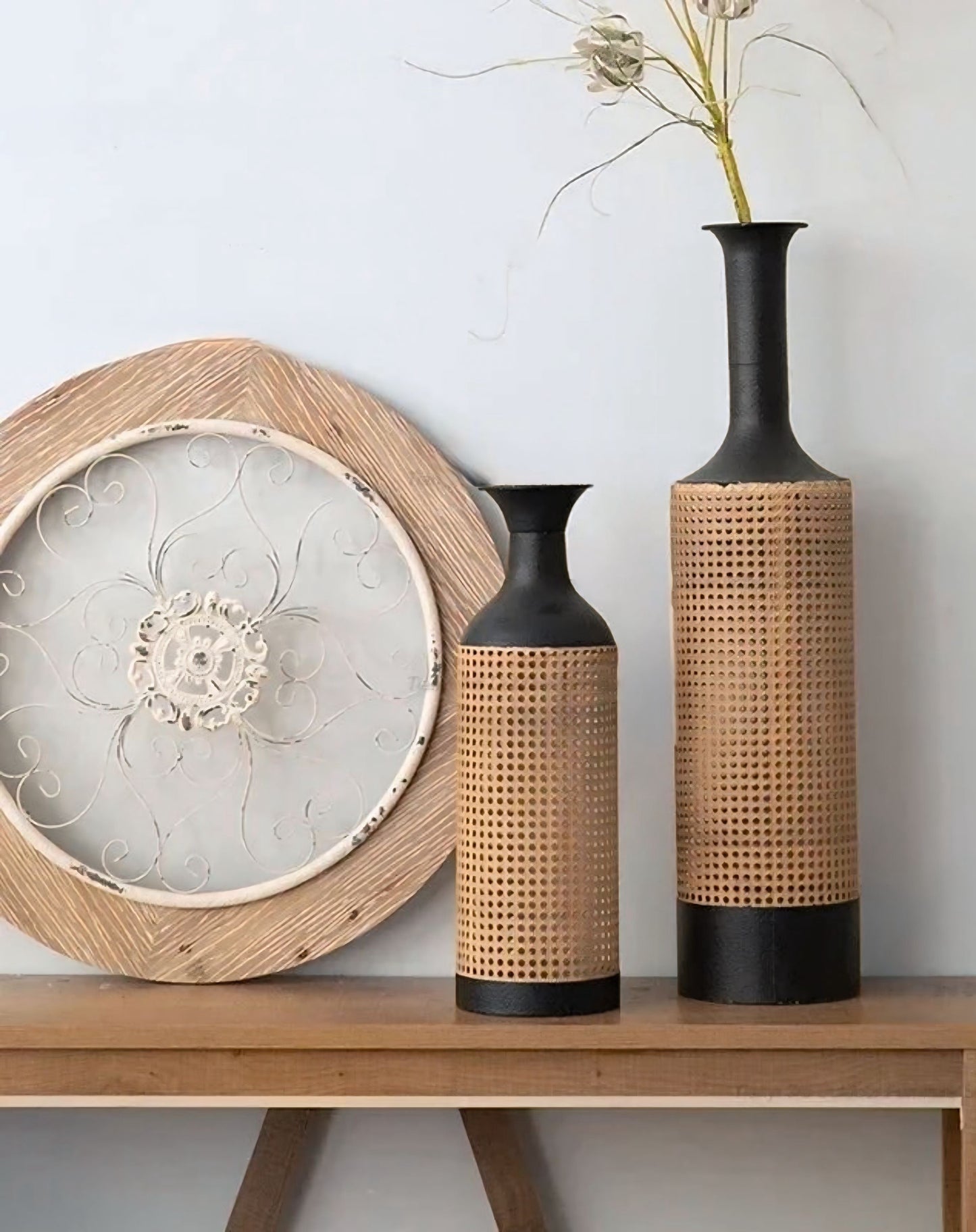 Vase Set – Matte Black Ceramic and Woven Rattan – Height 15 inches – Elegant Design for Modern and Bohemian Décor 2