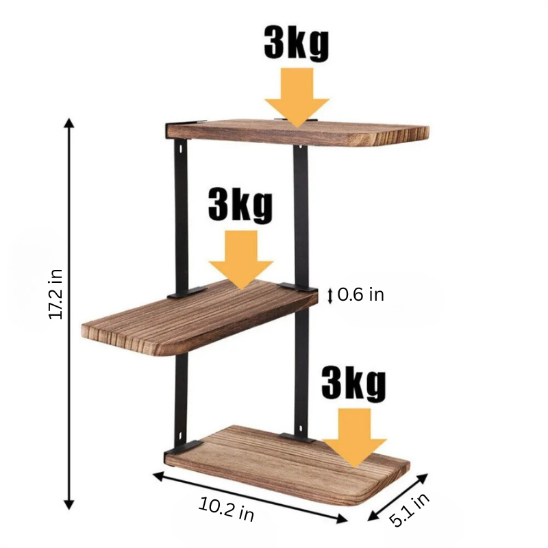 3-Tier Lucca Corner Floating Shelf | 10.2 × 17.2 in | Rustic Wood | Metal Wall Storage | Brick by Brick