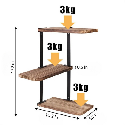 3-Tier Lucca Corner Floating Shelf | 10.2 × 17.2 in | Rustic Wood | Metal Wall Storage | Brick by Brick