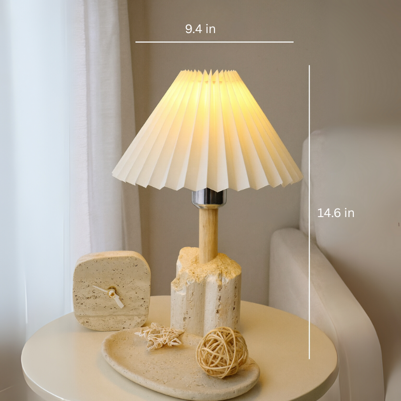 Travertine Table Lamp |  9.4 × 14.6 inches | Solid Stone Base | Pleated Shade | Warm Ambient Lighting | Brick by Brick