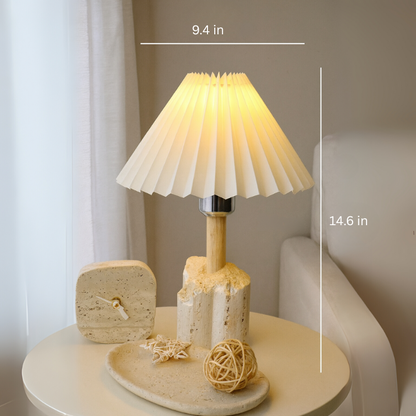 Travertine Table Lamp |  9.4 × 14.6 inches | Solid Stone Base | Pleated Shade | Warm Ambient Lighting | Brick by Brick