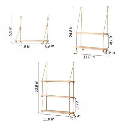 Wooden Floating Wall Shelf |11.8 × 5.9 inches | Hanging Rope Plant Display | 1/2/3-Tier Storage for Home