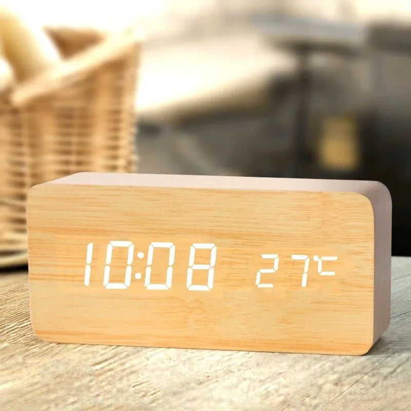 WoodTime Wooden Digital Alarm Clock | LED Display with Temperature Function | Compact 5.5x3x2 Size | Elegant & Stylish Design for Home or Office | Brick by Brick London 1