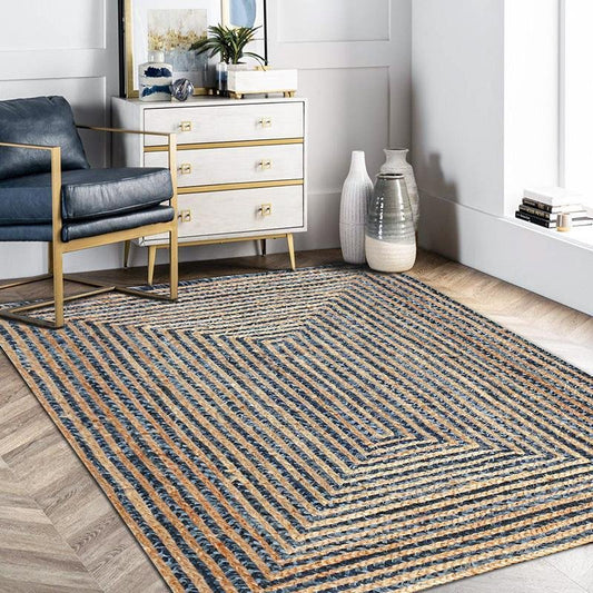 Rustic Denim & Jute Area Rug |  D39.4" to 47.2" | Gray Living Room Rug | Modern Rustic Decor | Brick by Brick