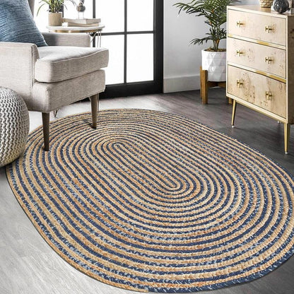 Rustic Denim & Jute Area Rug |  D39.4" to 47.2" | Gray Living Room Rug | Modern Rustic Decor | Brick by Brick