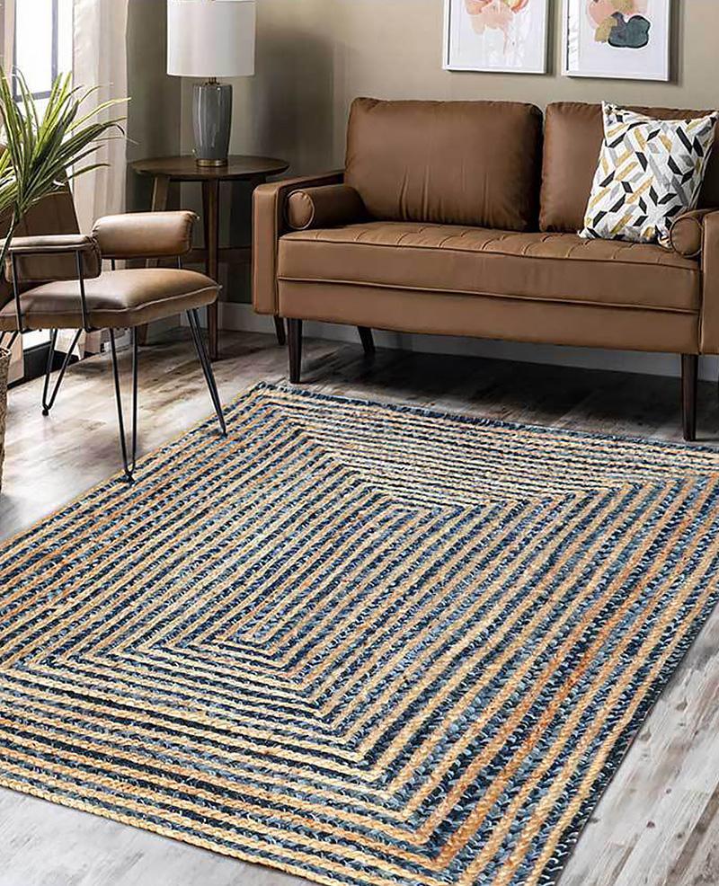 Rustic Denim & Jute Area Rug |  D39.4" to 47.2" | Gray Living Room Rug | Modern Rustic Decor | Brick by Brick