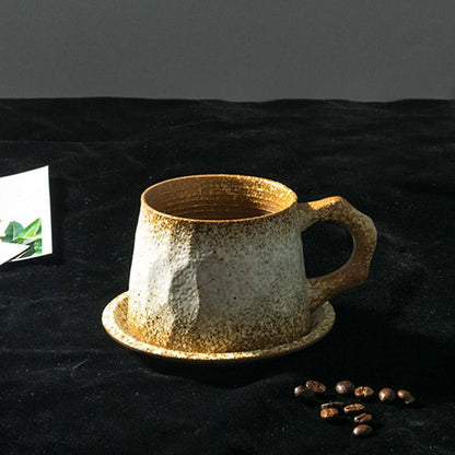 Stoneware Coffee Mug Set | 4"x3" Cup, 5" Saucer | Ceramic Cup | Free-Form Design with Ribbed Edges | Brick by Brick