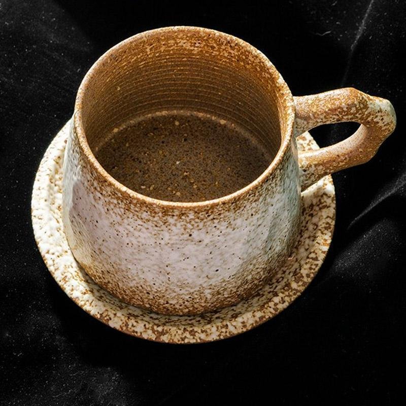 Stoneware Coffee Mug Set | 4"x3" Cup, 5" Saucer | Ceramic Cup | Free-Form Design with Ribbed Edges | Brick by Brick