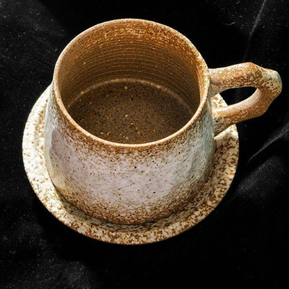 Stoneware Coffee Mug Set | 4"x3" Cup, 5" Saucer | Ceramic Cup | Free-Form Design with Ribbed Edges | Brick by Brick