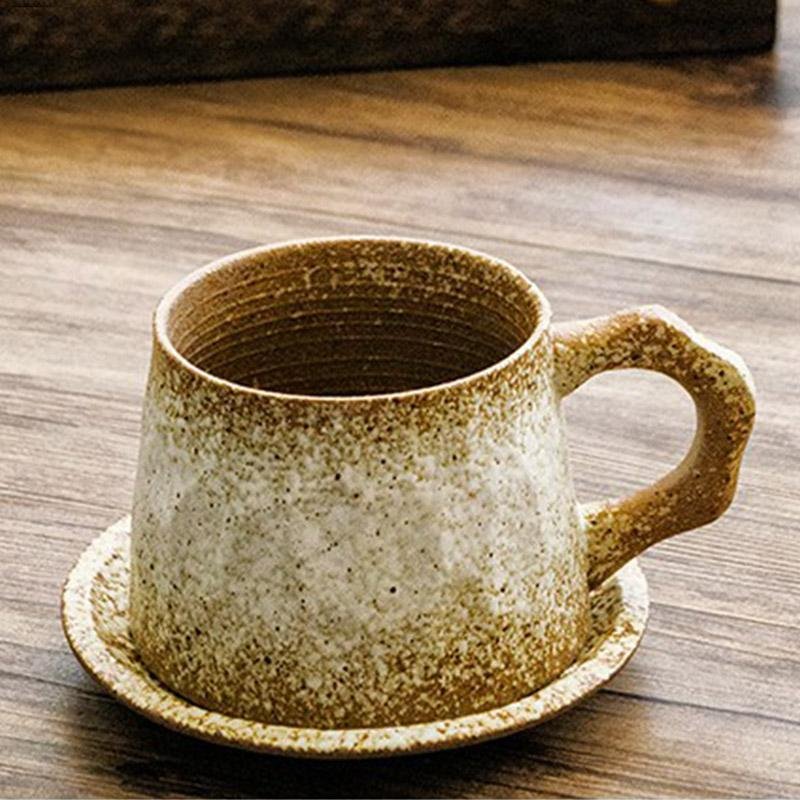 Stoneware Coffee Mug Set | 4"x3" Cup, 5" Saucer | Ceramic Cup | Free-Form Design with Ribbed Edges | Brick by Brick