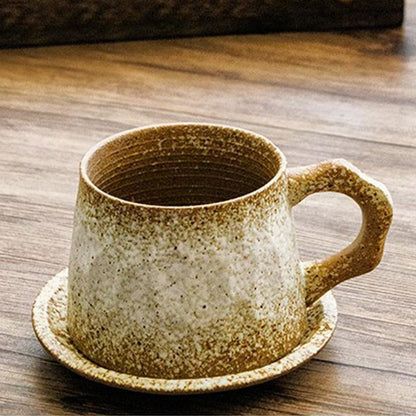 Stoneware Coffee Mug Set | 4"x3" Cup, 5" Saucer | Ceramic Cup | Free-Form Design with Ribbed Edges | Brick by Brick