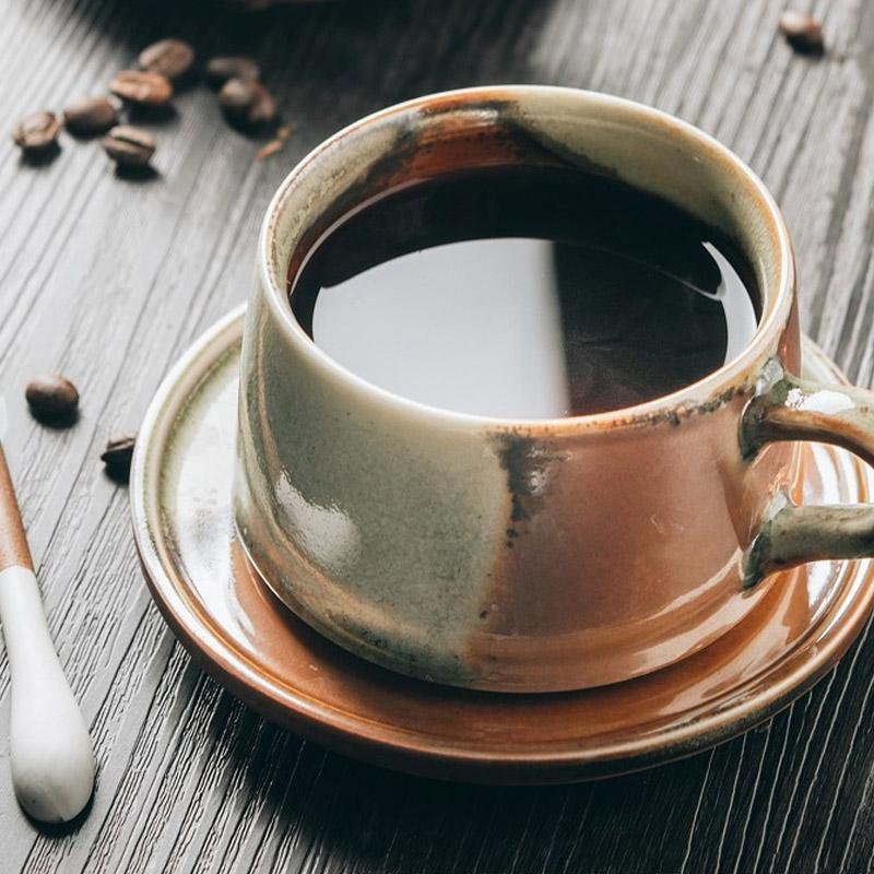 Rustic Stoneware Coffee Mug | 3"x2" Cup + 5" Dish | Brown & White Ceramic | Swivel Handle | Brick by Brick