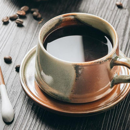 Rustic Stoneware Coffee Mug | 3"x2" Cup + 5" Dish | Brown & White Ceramic | Swivel Handle | Brick by Brick