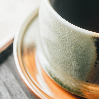 Rustic Stoneware Coffee Mug | 3"x2" Cup + 5" Dish | Brown & White Ceramic | Swivel Handle | Brick by Brick