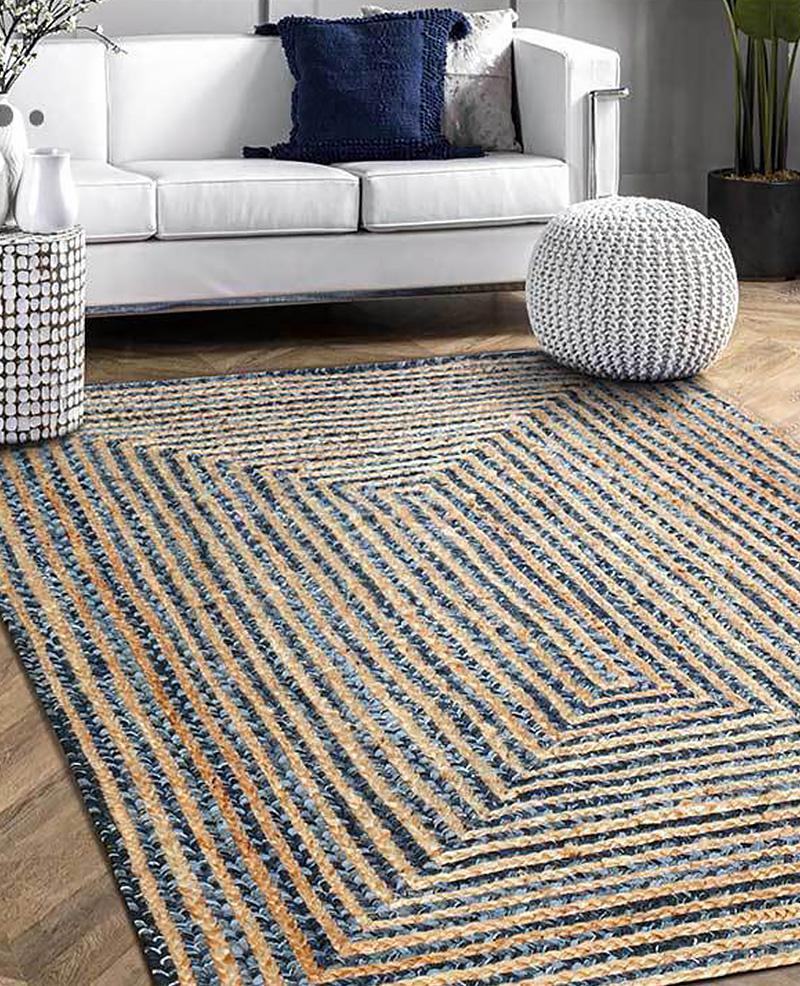 Rustic Denim & Jute Area Rug |  D39.4" to 47.2" | Gray Living Room Rug | Modern Rustic Decor | Brick by Brick