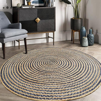 Rustic Denim & Jute Area Rug |  D39.4" to 47.2" | Gray Living Room Rug | Modern Rustic Decor | Brick by Brick