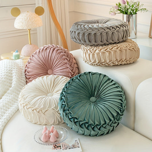 Round Velvet Cushion | 13.7 x 4.7 in | Pleated Velvet Design with Center Button | Decorative Modern Accent | Brick by Brick