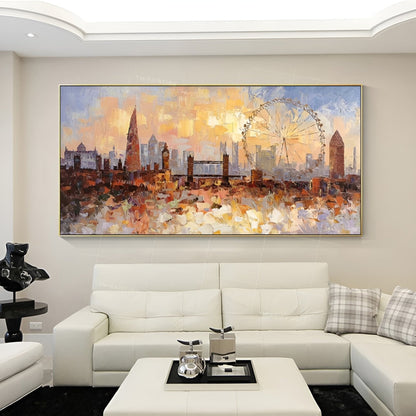 Sunset Over London Wall Art | 46 x 110 in | Textured Cityscape Painting | Iconic London Skyline at Dusk | Urban Wall Art | Brick by Brick