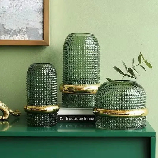Dark Green Glass Vase | Gold Trim | Hydroponic Flower Display | Modern Minimalist Design | 3 Sizes
