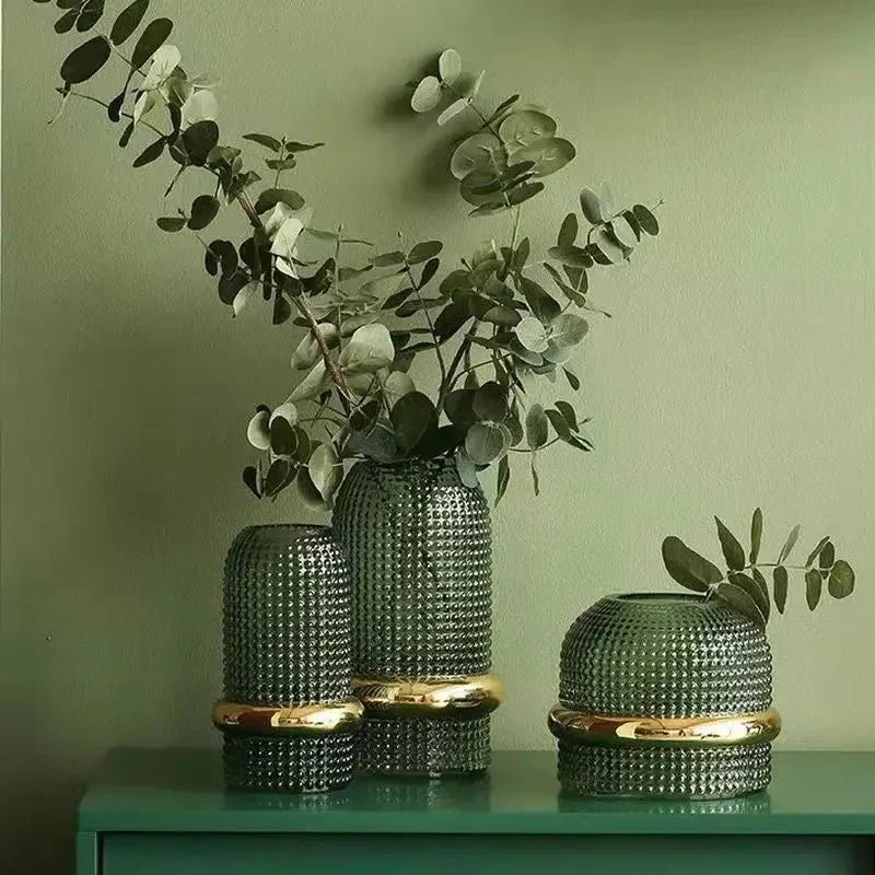 Dark Green Glass Vase | Gold Trim | Hydroponic Flower Display | Modern Minimalist Design | 3 Sizes