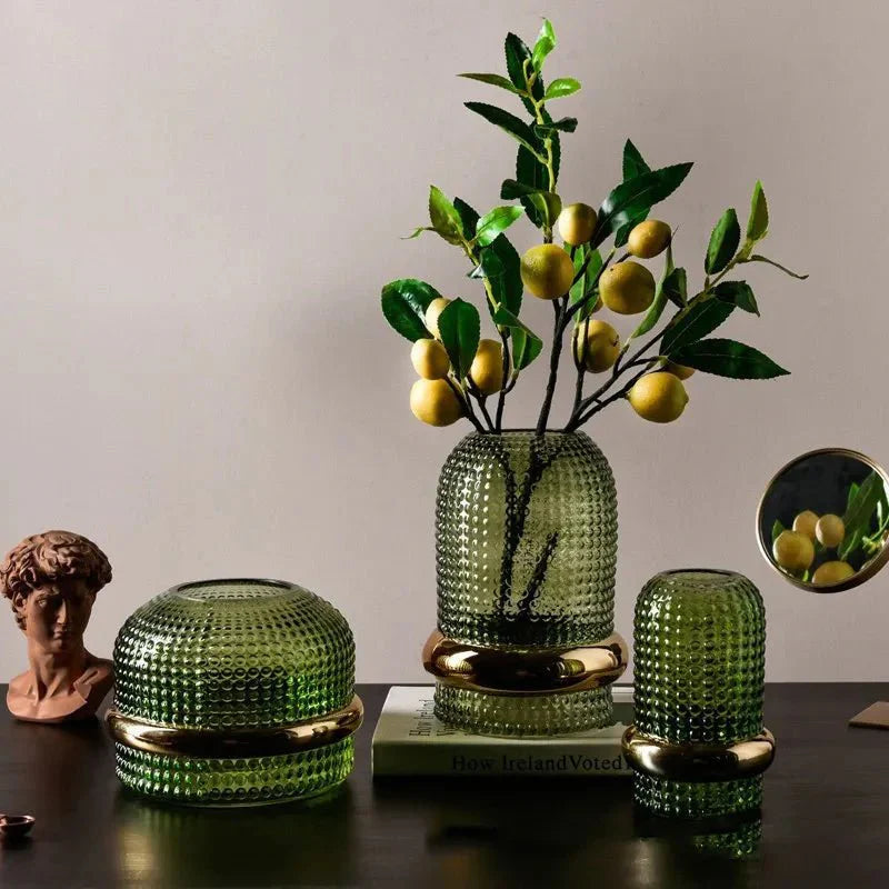 Dark Green Glass Vase | Gold Trim | Hydroponic Flower Display | Modern Minimalist Design | 3 Sizes