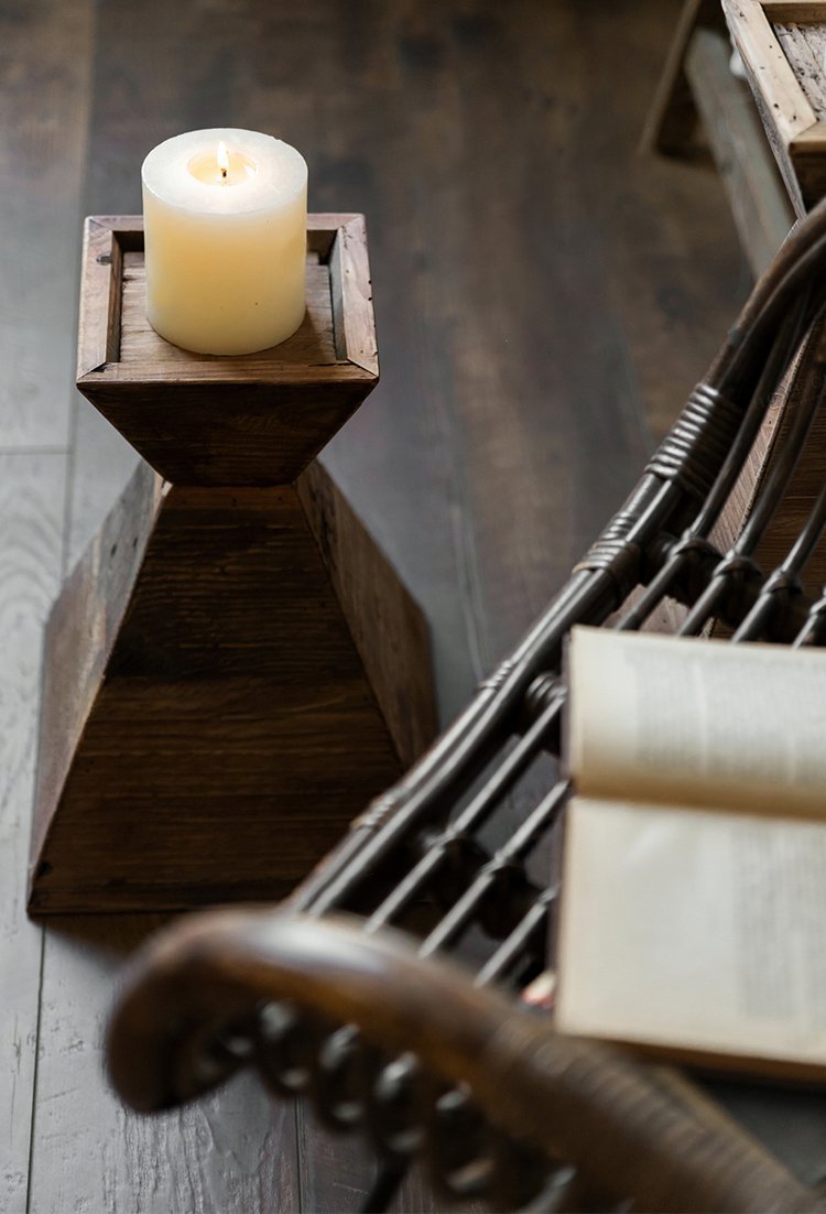Wooden Candle Holder | H16, 24, 32 in | Nut Brown Pyramid Table Centerpiece | Brick by Brick