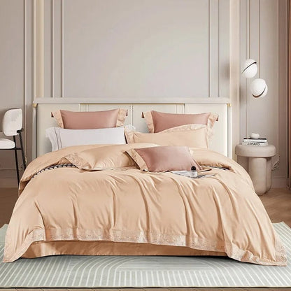 Egyptian Cotton Duvet Cover Set | 78.7 - 90.6 in | Peach Lace Trim | Soft Luxury Bedding for King & Queen Beds | Brick by Brick