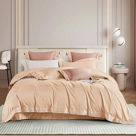 Egyptian Cotton Duvet Cover Set | 78.7 - 90.6 in | Peach Lace Trim | Soft Luxury Bedding for King & Queen Beds | Brick by Brick